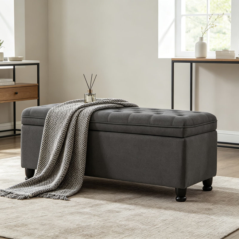 Repose-pieds rembourré avec rangement, banc d'entrée avec boutons touffetés et pieds en bois pour le salon, la chambre à coucher, gris foncé