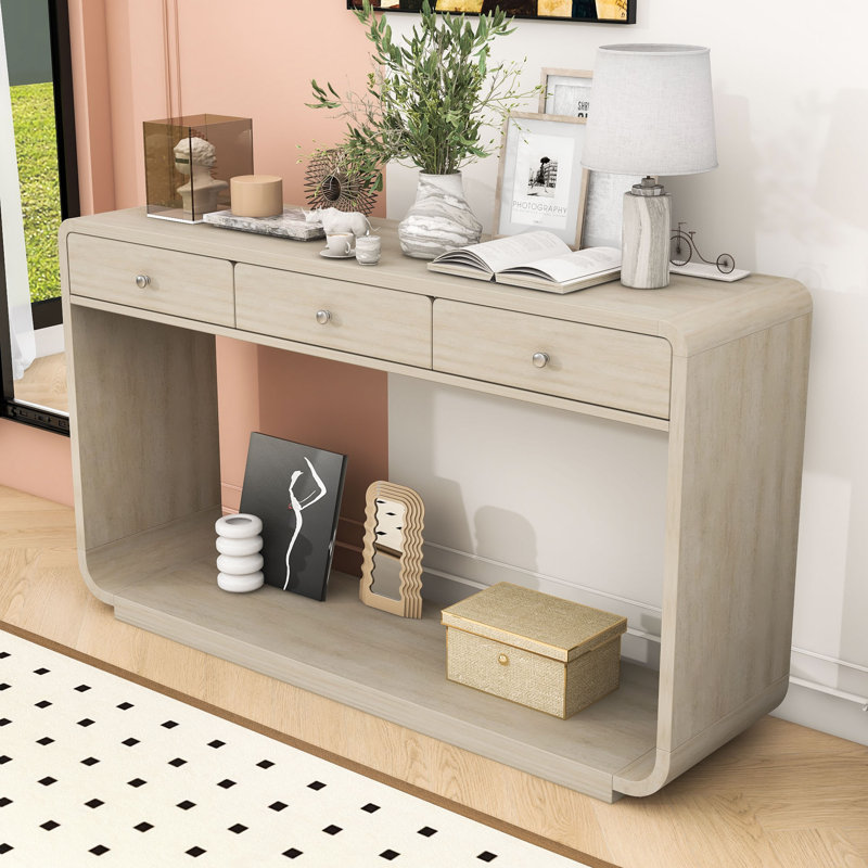 Console en bois avec 3 tiroirs de rangement, Naturel