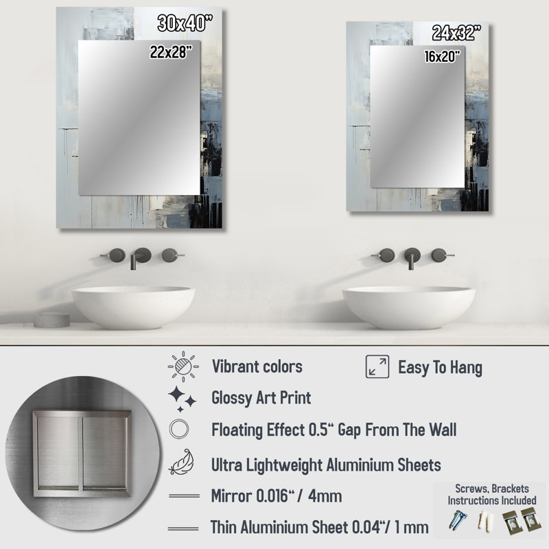 Grey And White Abstract Cityscape 2 - Grey Bold & Eclectic Modern Wall Mirror, 40" x 30"