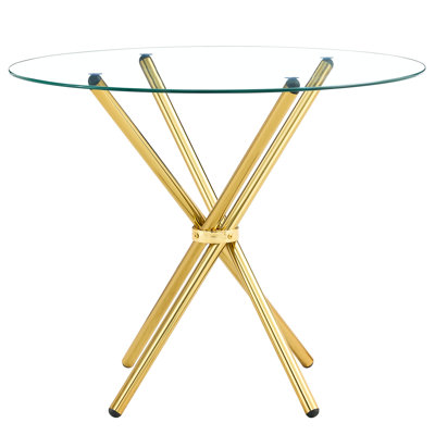 Table ronde élégante en verre avec pieds en métal doré ferme, pour 4 à 6 personnes, assemblage simple et robuste