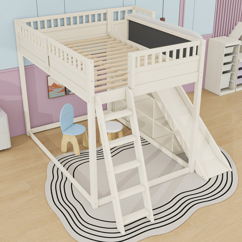 Lit mezzanine avec glissade, rangement spacieux et échelle, Beige, Lit double