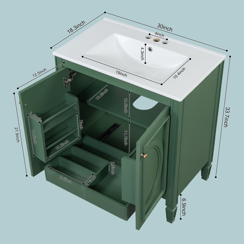 Meuble-lavabo 30 po avec lavabo en céramique, style rétro, Vert