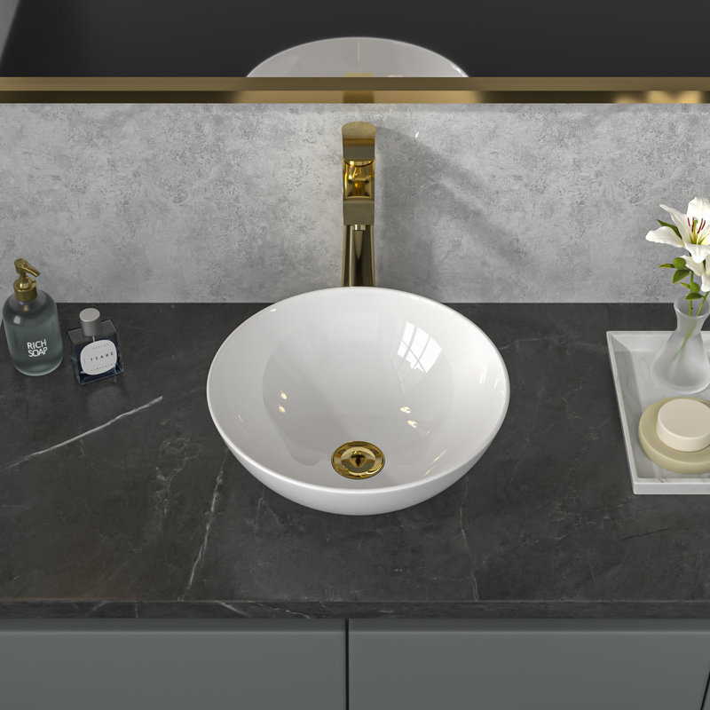 13" L x 13" W Modern Small Round Above Counter White Ceramic Vessel Bathroom Sink