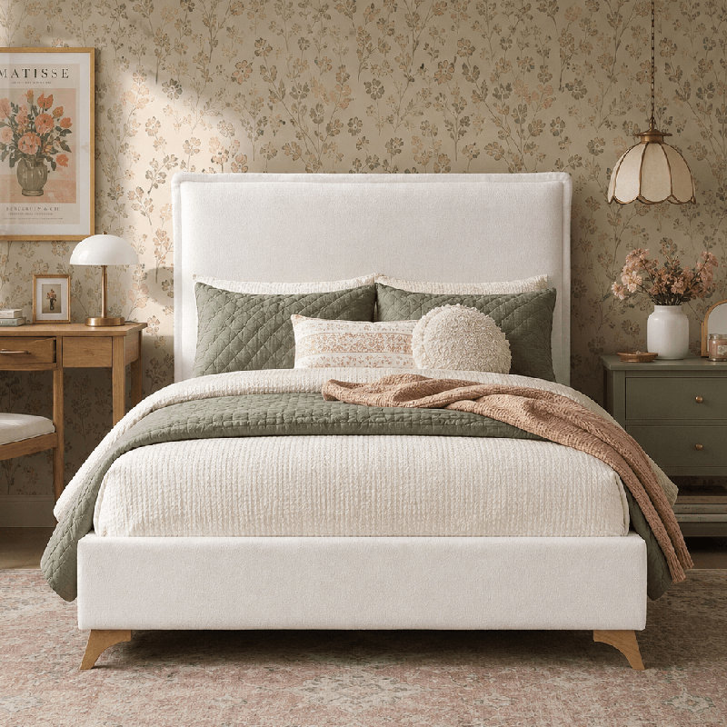 Pelham Flange Edge Bed Frame, Twin, Cream Boucle