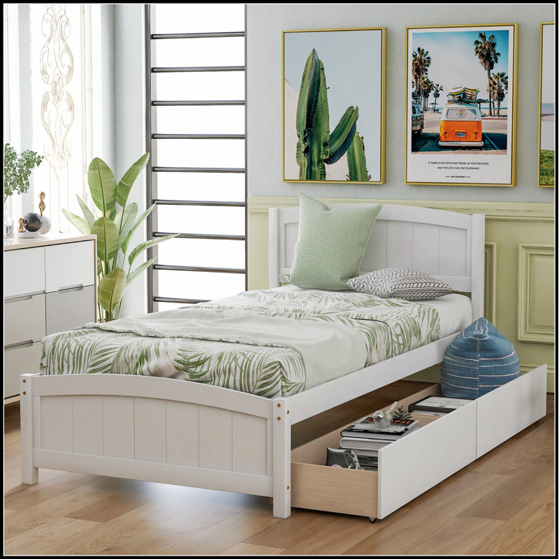 Lit plateforme moderne avec deux tiroirs spacieux, parfait pour le rangement et une chambre à coucher élégante, White
