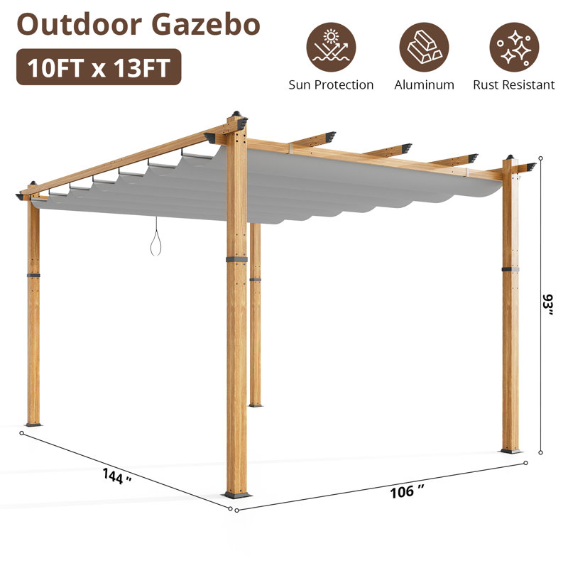 Pergola en aluminium 10 x 13 pi avec auvent rétractable, Laiton brossé, 93" H x 144" W 106" D