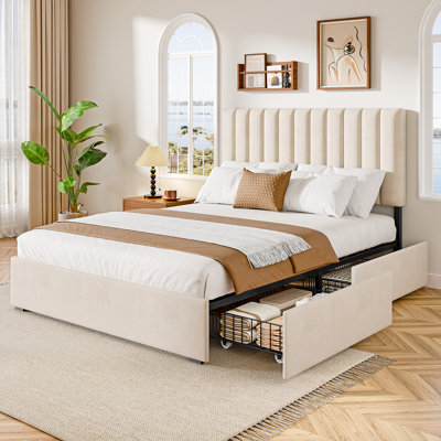 Modern Bed Frame with Velvet Headboard and 4 Drawers (Beige, Queen Size)