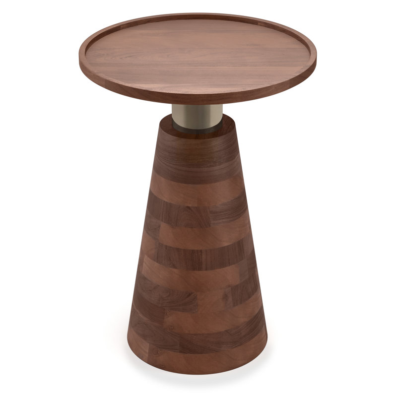 Kramer 16"W Solid Acacia Wood Modern Round End Table with Cone Pedestal Base and Antique Brass Stem
