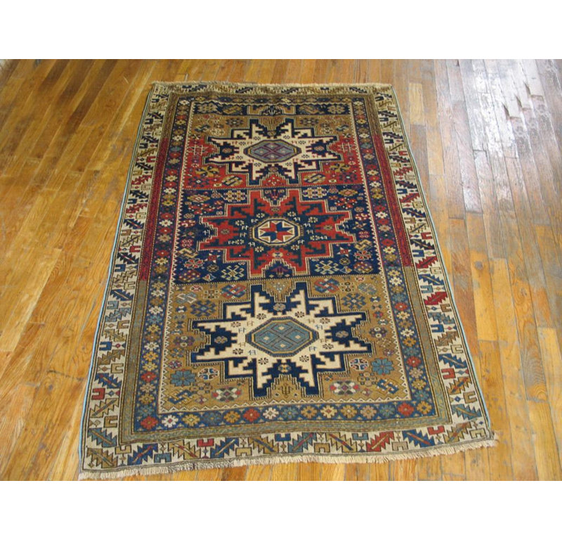 Wonderful Blue Color With Symmetric Design Antique Caucasian Shirvan Rug