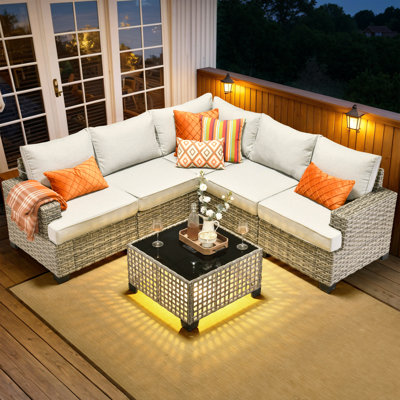 Ensemble de conversation modulaire en osier / rotin pour 5 personnes avec table basse lumineuse Wahkon