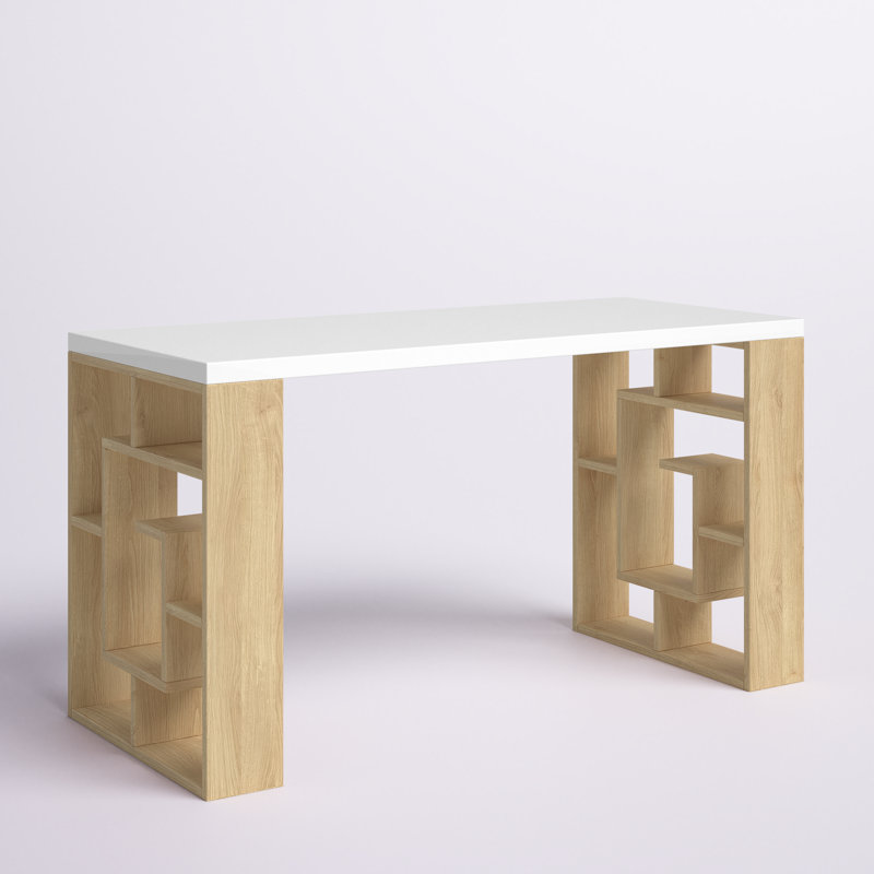 Modern Study Desk with Numerous Shelves, White & Oak, 55.1 x 29.5 x 23.6 inches | 100% Melamine Coated Particle Board, Upper Table Thickness: 1.0 inches, Legs Thickness: 0.7 inches | Sleek Geometric Design for Home Office & Study Spaces