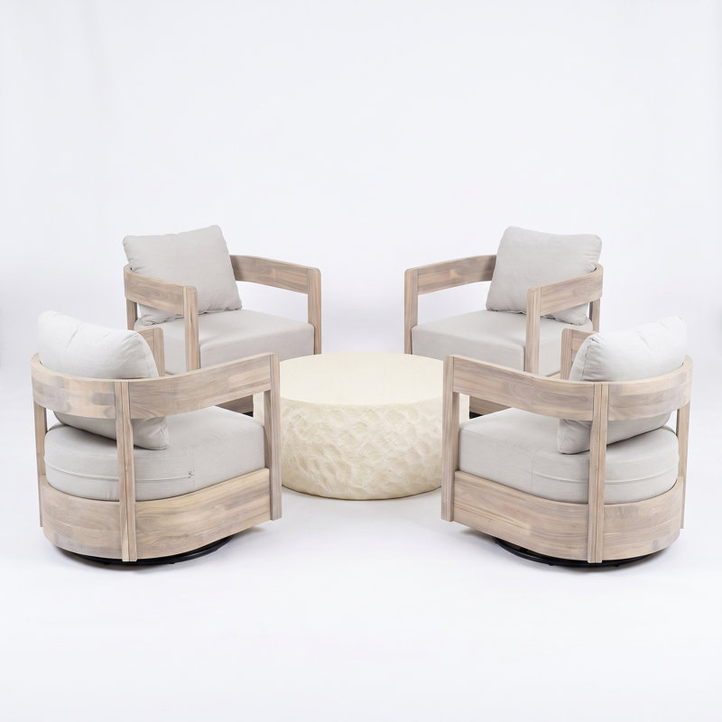 Ensemble de conversation d'extérieur Maris pour 4 personnes, style côtier moderne, en bois d'acacia, avec fauteuils club pivotants et table basse tambour MGO, pour patio et véranda