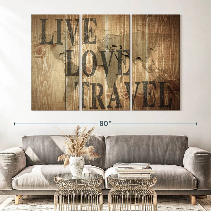 Carte de voyage sur toile Live Love, ensemble de 3 pièces, H 42 po x l 65 po x P 1,25 po