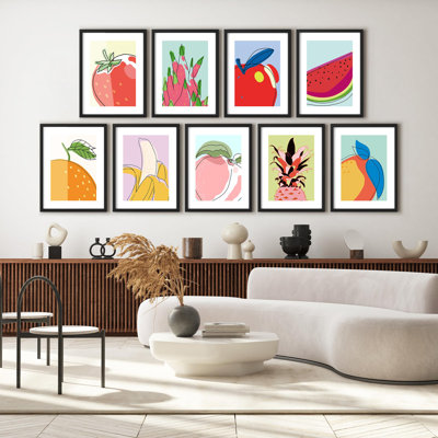 Framed Wall Art Collage Print Gallery Set, Fruit Sketch Variety Food Citrus Illustrations Modern Decorative Elements Portrait Colorful for Bedroom, Living Room, Office - 12" x 16" x 9 Black