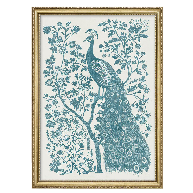 "Paon sarcelle complexe et illustrations florales impressionnistes, décoration murale encadrée or", Non