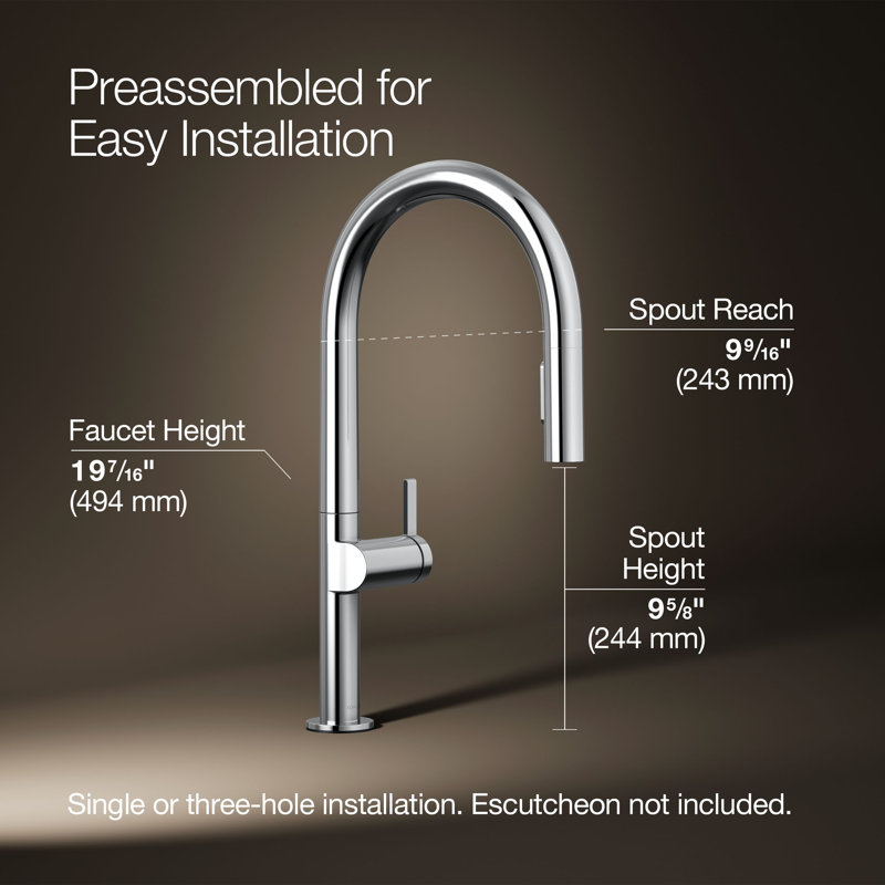 Composants : Robinet d'évier de cuisine avec douchette extractible avec pommeau de douche à deux fonctions, Chrome poli