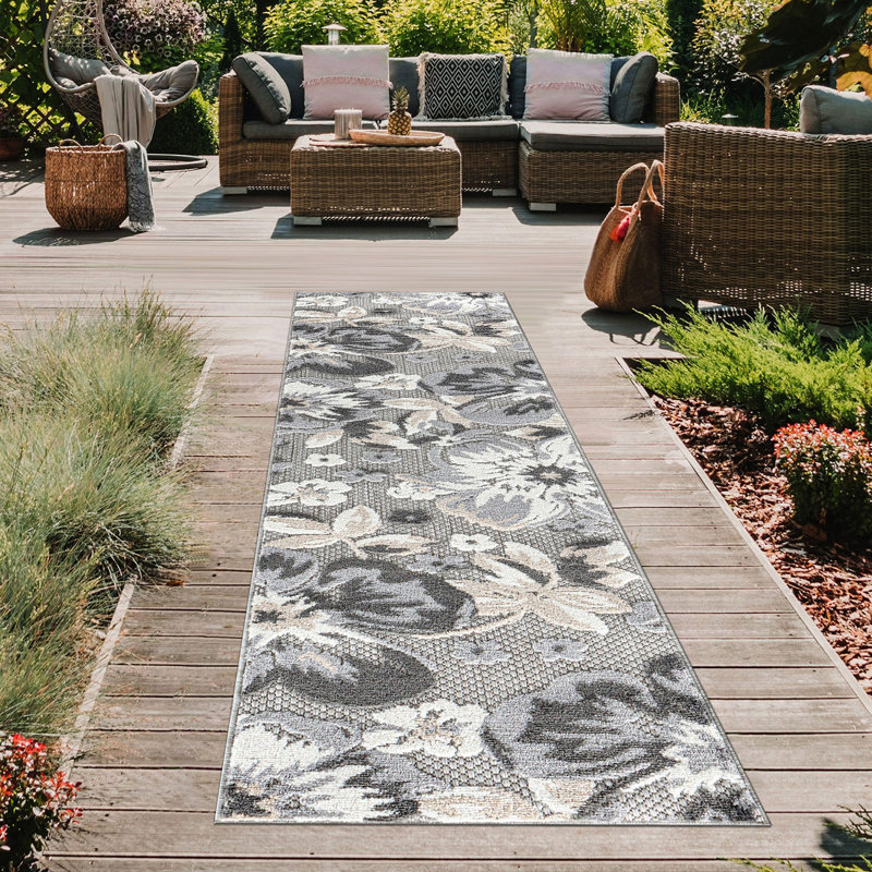 Tapis floral intérieur / extérieur gris, Tapis de couloir 2 pi 7 po x 12 pi