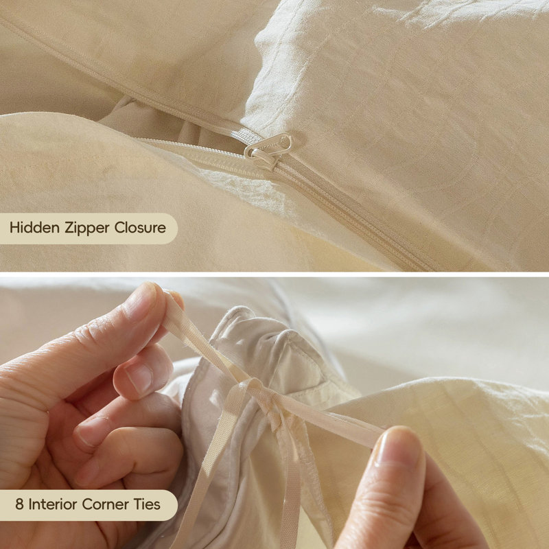 MooMee Wavy Striped Duvet Cover Set 100% Washed Cotton Linen Like Textured Breathable Lightweight, Cream White