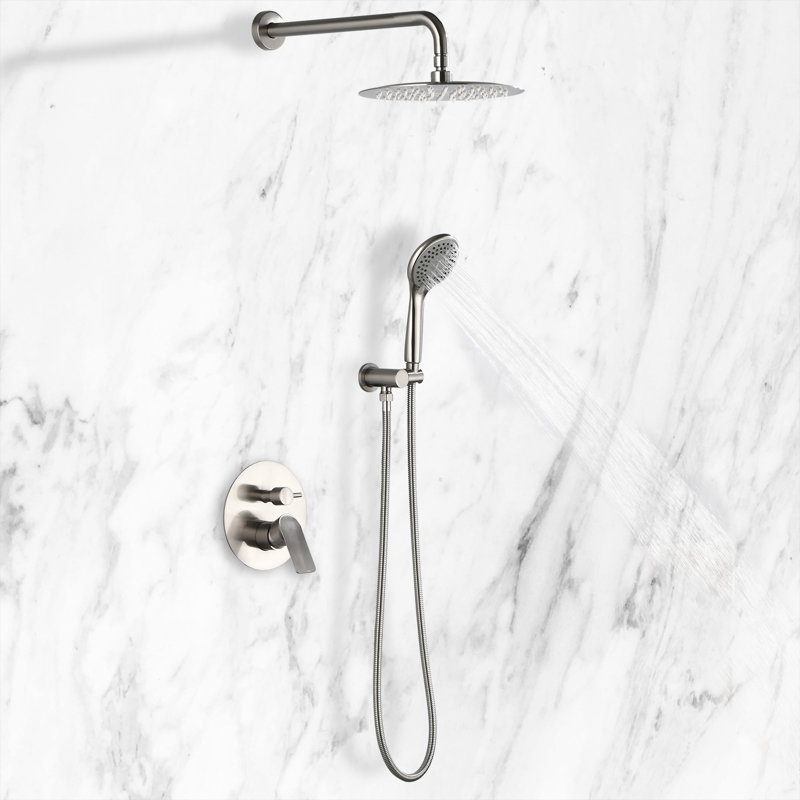 Pomme de douche double pour salle de bain avec valve brute, Nickel brossé