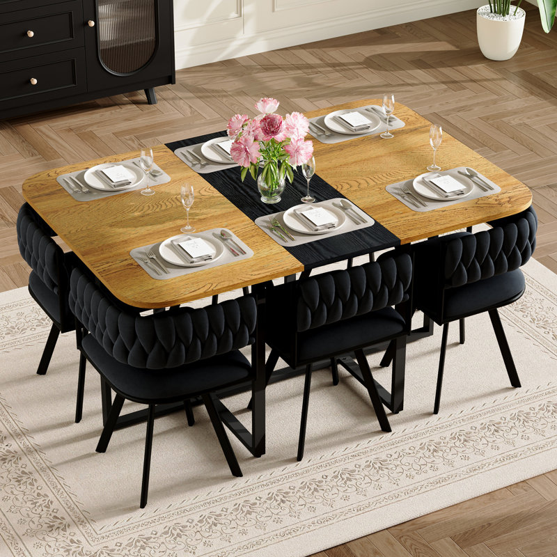 Farmhouse 7 Piece Dining Set Extendable Rectangular Dining Table with 6 Upholstered Chairs MDF