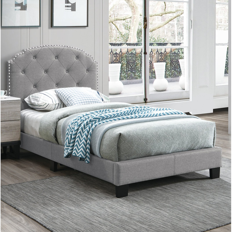 Lit plateforme tapissier en bois massif, Gris, Simple