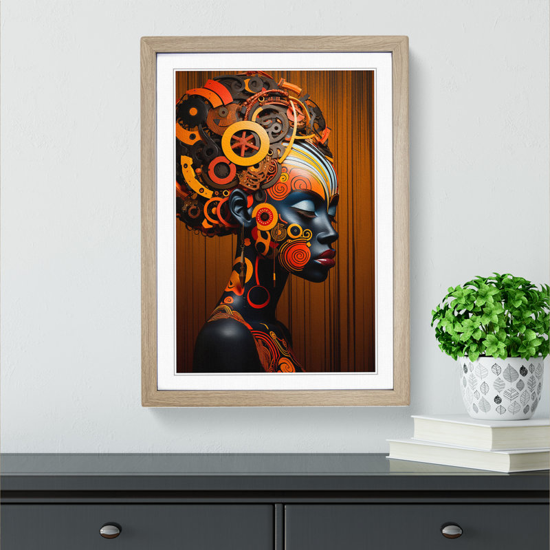 African Woman Neo-Plasticism No.2 - Single Picture Frame Print on Wood, 46cm H x 34cm W x 2cm D, Oak