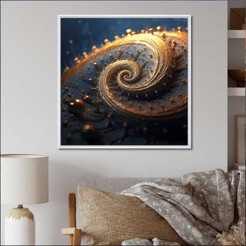 Spirale fougère recouverte de gouttes de rosée sur toile, H 36 po x l 36 po, Cadre flottant blanc