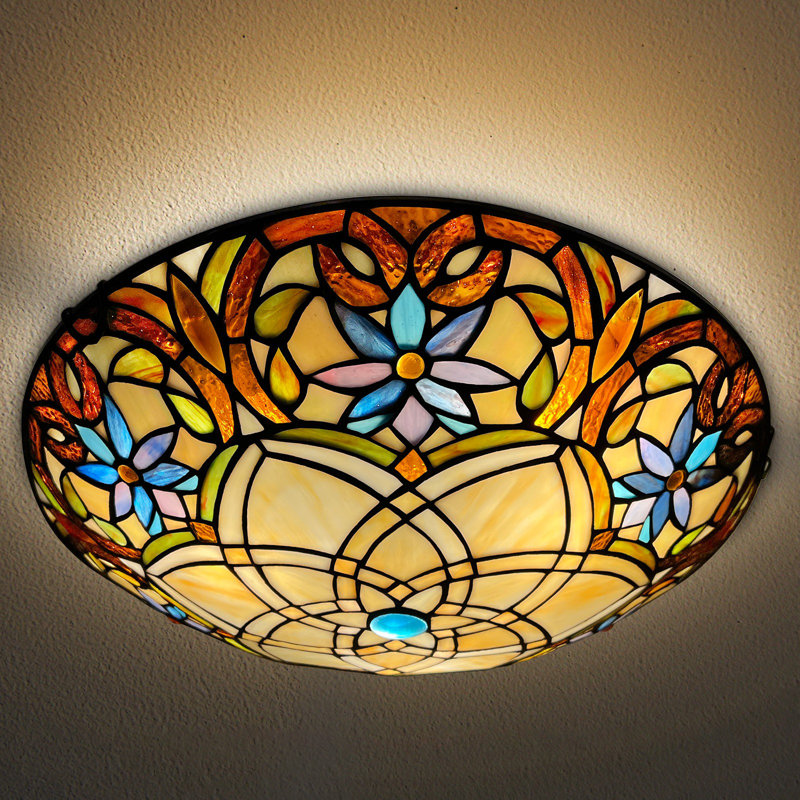 Tiffany Stained Glass Ceiling Light 3-Lights 16 Inch Tiffany Flush Mount Ceiling Light