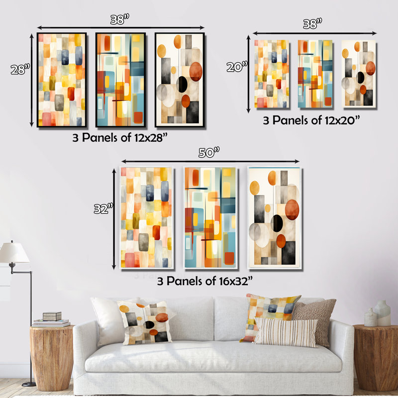 Retro Cubist Abstract Retro Composition - Modern Midcentury Art Set Of 3 Pieces, Cadre flottant doré, H 20 po x l 36 po