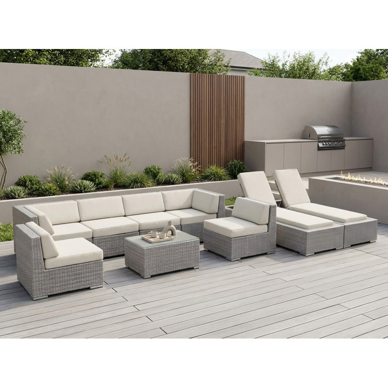 Ensemble de conversation modulaire en rotin avec coussins 9 pièces Barna - aucun assemblage requis, Toile Sunbrella® naturel