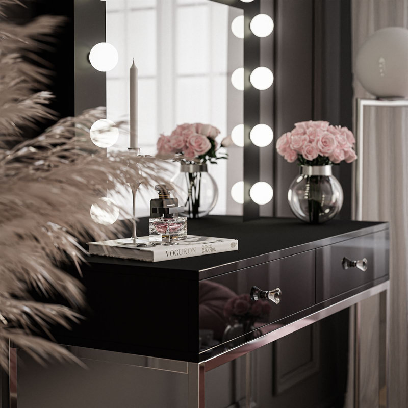 Antaneice Dressing Table with Mirror, Chrome/High Gloss Black