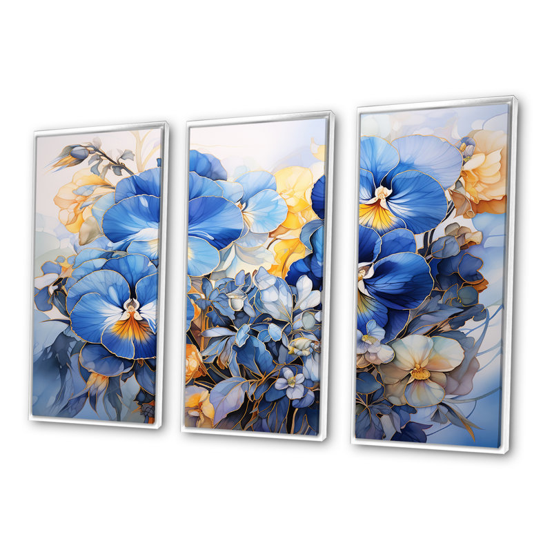 «Elegant Blue Pansy Garden - Pensies», ensemble d'art sur toile, Cadre flottant blanc, H 32 po x l 48 po x P 1 po
