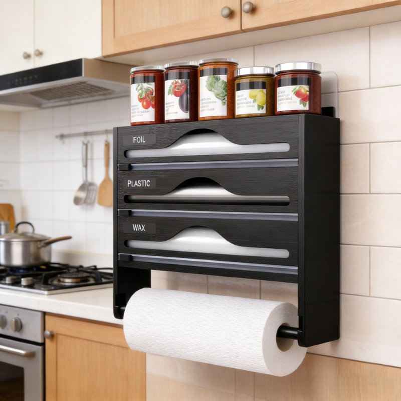 Organisateur 3 en 1 avec coupe-papier et étiquettes, plastique, papier d'aluminium et distributeur de papier ciré pour le rangement de la cuisine (rouleaux de 11,8 po)
