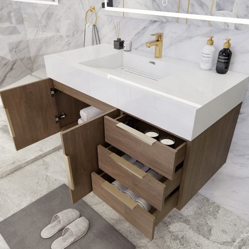 Glasgow 42'' Single Bathroom Vanity with Acrylic Top, Glossy White, Light Oak