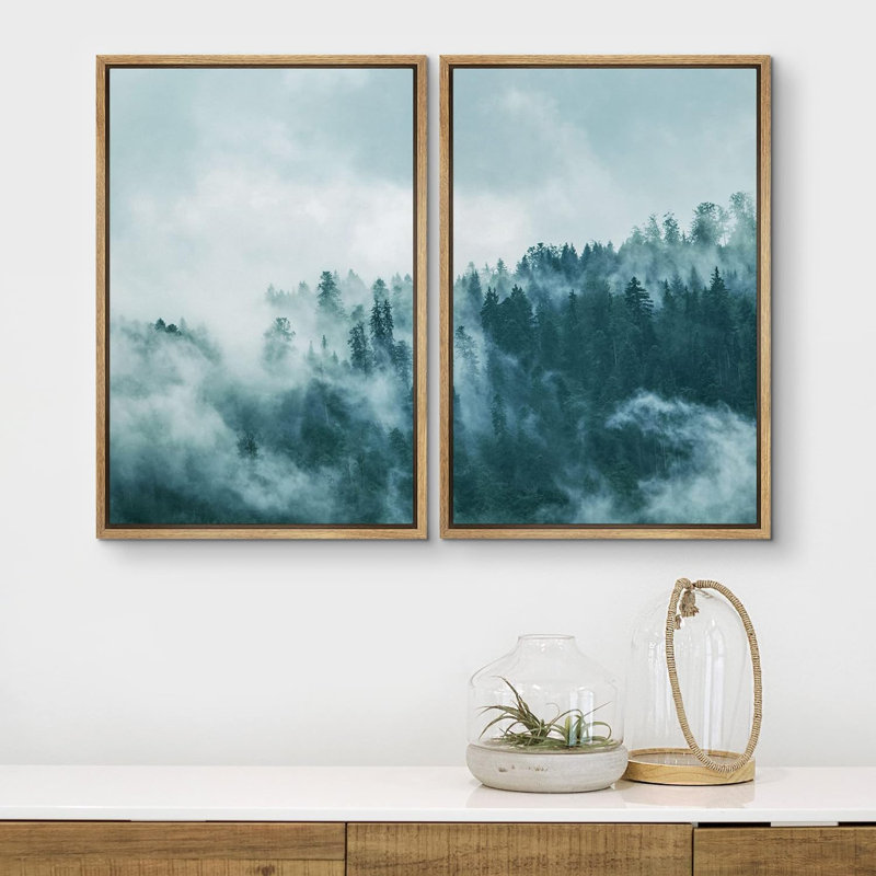 Teal Mist & Fog Mountain Forest Trees - ensemble de 2 impressions, Cadre naturel flottant, H 36 po x l 48 po x P 1,5 po