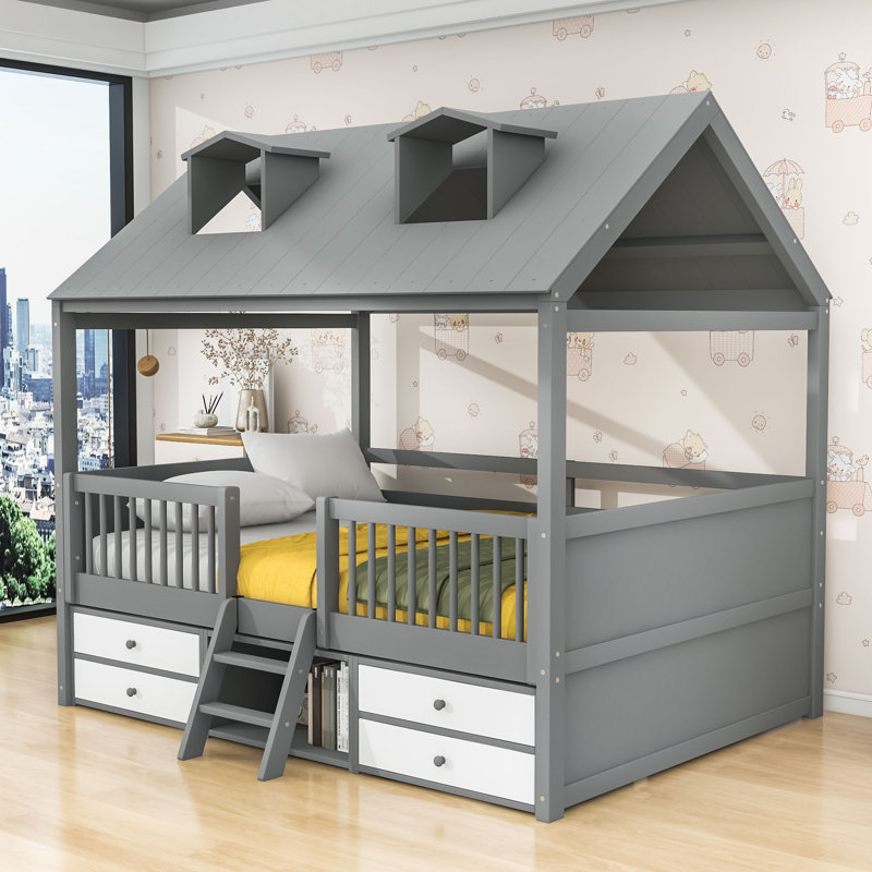 Structure de lit en bois avec de charmantes lanterneaux de toit et beaucoup de rangement, Gris, Double