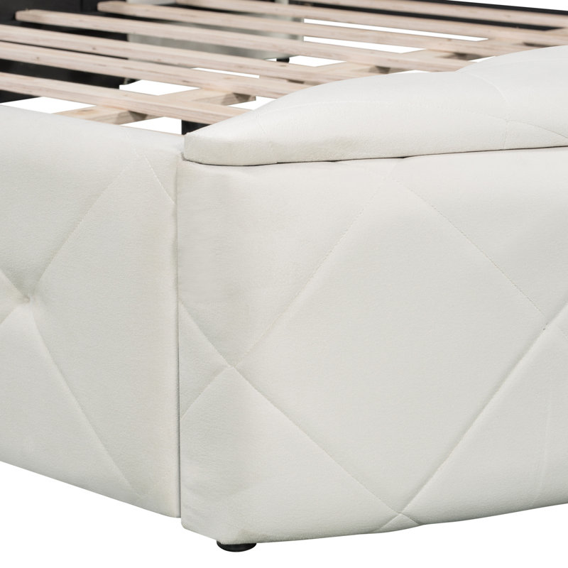Lit beige avec tête à oreilles, 1 grand tiroir et 2 tabourets de rangement latéraux - Grand dossier à oreilles en velours fonctionnel, convient au décor de chambre à coucher