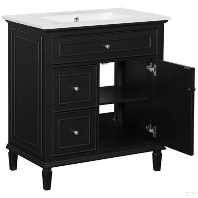 30" Bathroom Vanity With Sink, Bathroom Vanity Cabinet With One Flip Drawer And Two Drawers, Adjustable Shelf, Solid Wood And MDF
