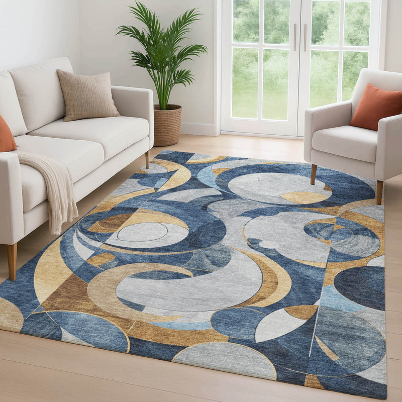 Tapis géométrique de qualité supérieure lavable à la machine Mayfield, Bleu, 9 pi x 12 pi