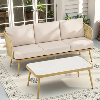 Table basse d'extérieur et table basse d'extérieur - 3 saisons, beige, acier thermolaqué pour le jardin, tissée à la main