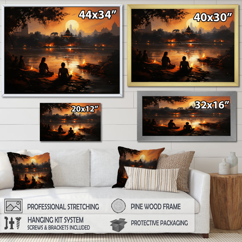 " Hinduisim Sunset Aarti I ", 34" H x 44" W x 1.5" D, Black Floater Framed