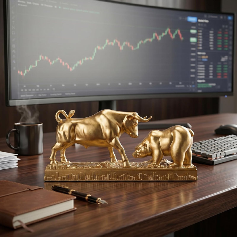 Resin Gold Confronting Bull and Bear Indoor Sculpture