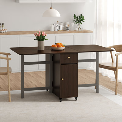 No Assembly 12'' to 59''W Extendable Dining Table for 2-6 People, Space-Saving Moveable Wood Kitchen Island with Wheels, Modern Folding Kitchen Table with Storage and Drop Leaves for Kitchen and Dining Room, Brown