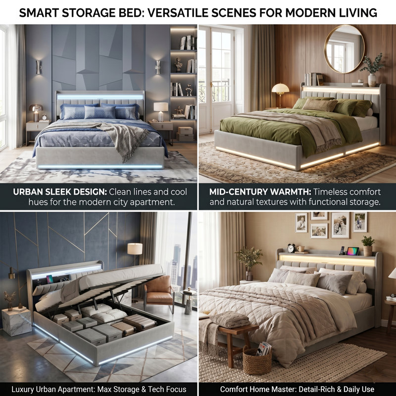 Modern Velvet Upholstered Ottoman Bed With Surround LED Lights & Storage Headboard, European Double & King Size Frame With USB-C Port, Grey & Beige