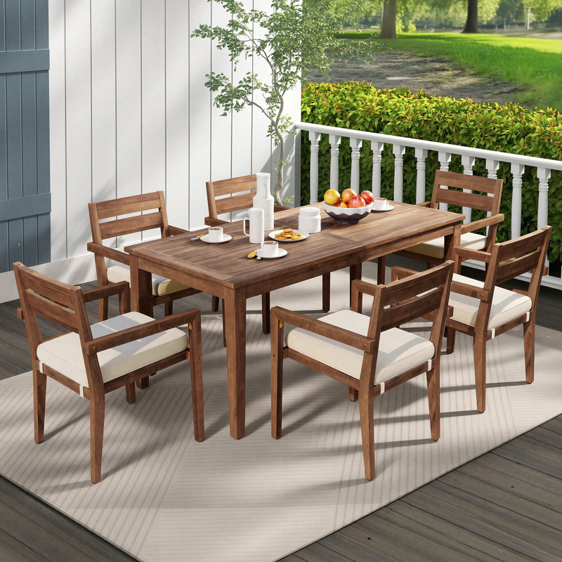 7-Pieces Acacia Soild Wood Outdoor Dining Set with Soft Thinker Cushions, Natural Wood