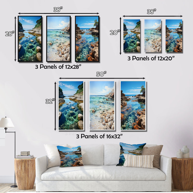 «Beach Photo Tranquil Tidepools», 3 pièces, Cadre blanc, H 20 po x l 36 po