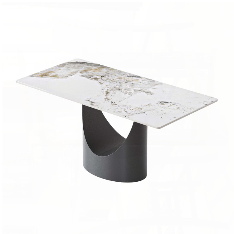 63'' White Pandora Sintered Stone Dining Table for 6-8, 29.53" H x 63" W x 31.5" D, Beige Top/Black Base