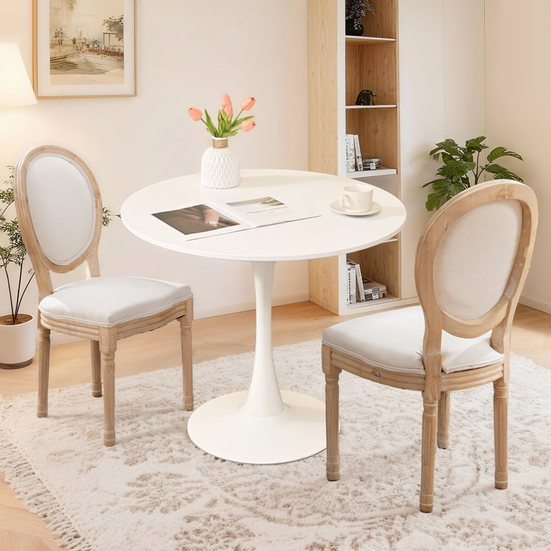31.5" Tulip Round Dining Table And 2 Round-backed Dining Chairs Set, White, Beige