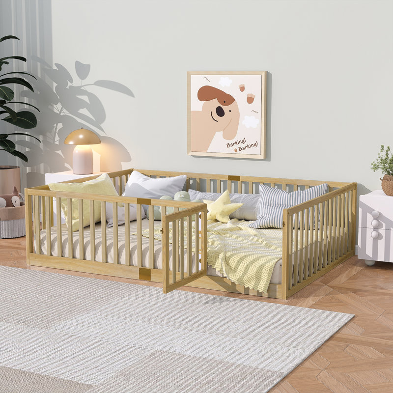 Full Size Floor Bed with High Fence Railings, with Door,6 Slats Included, Rubber Wood Floor Bed with Safety Guardrails,Natural