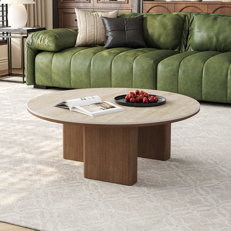 35.4'' Mid-Century Modern Round Coffee Table with Stone Countertop, Stain-Resistant Center Table for Living Room